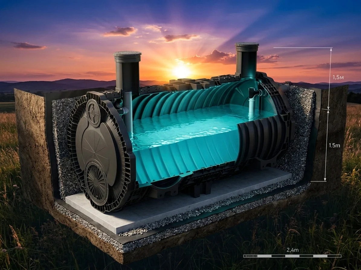 AquaBox modular underground tank installed below ground, cutaway