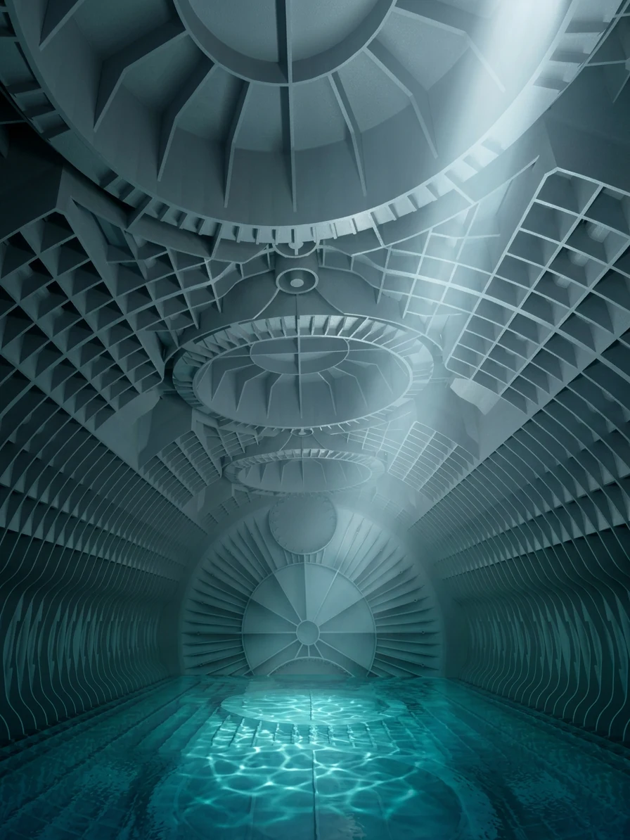 Inside an assembled AquaBox tank — repeating moulded ribs receding into the body, water below