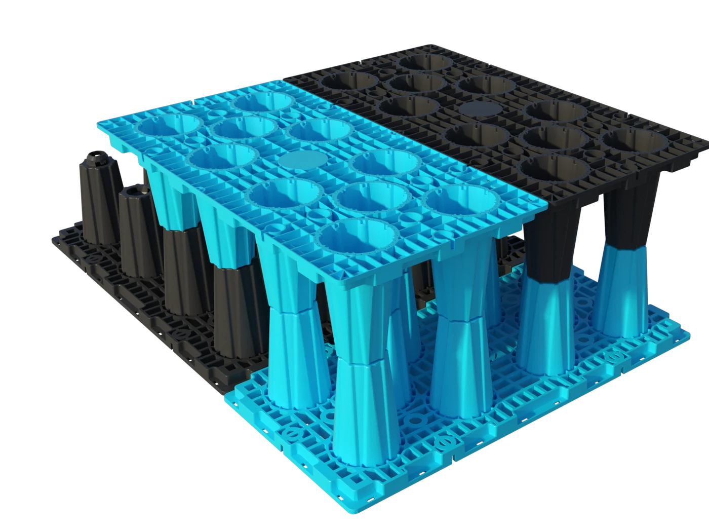 Two courses of BlockTech modules assembled, one course highlighted to show the brick bond