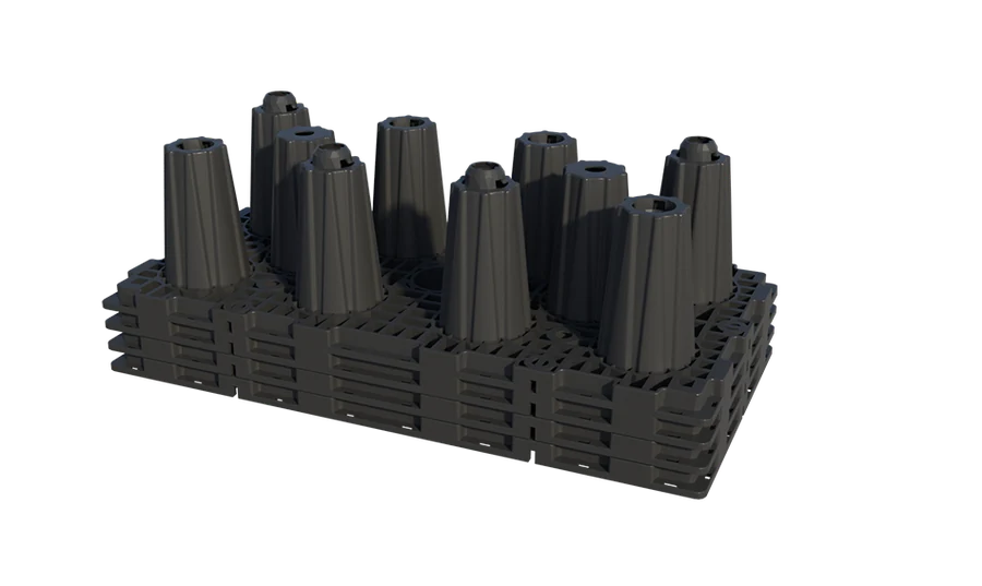 BlockTech main module — lattice deck on tapered load-bearing cones