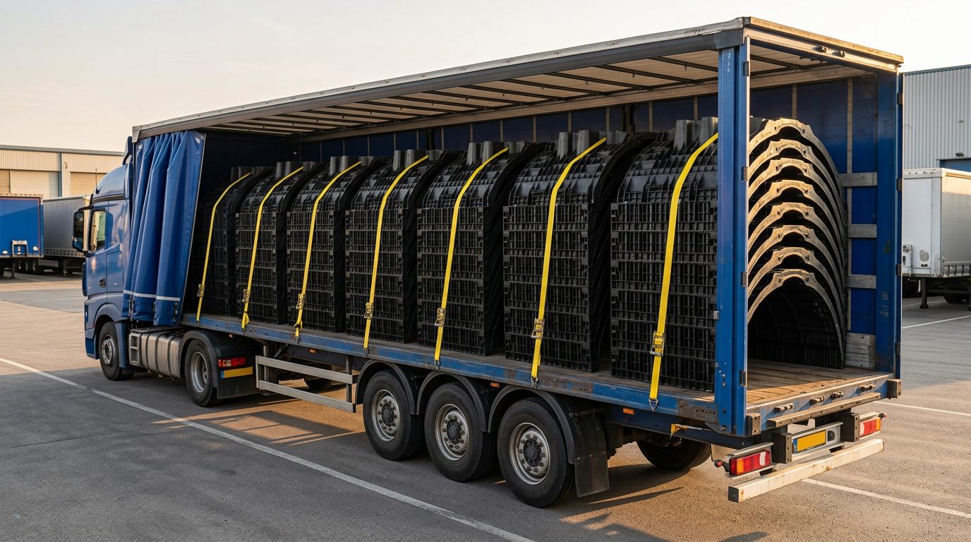 Curtain-side truck loaded with stacks of nested AquaBox half-shells, secured with lashing straps